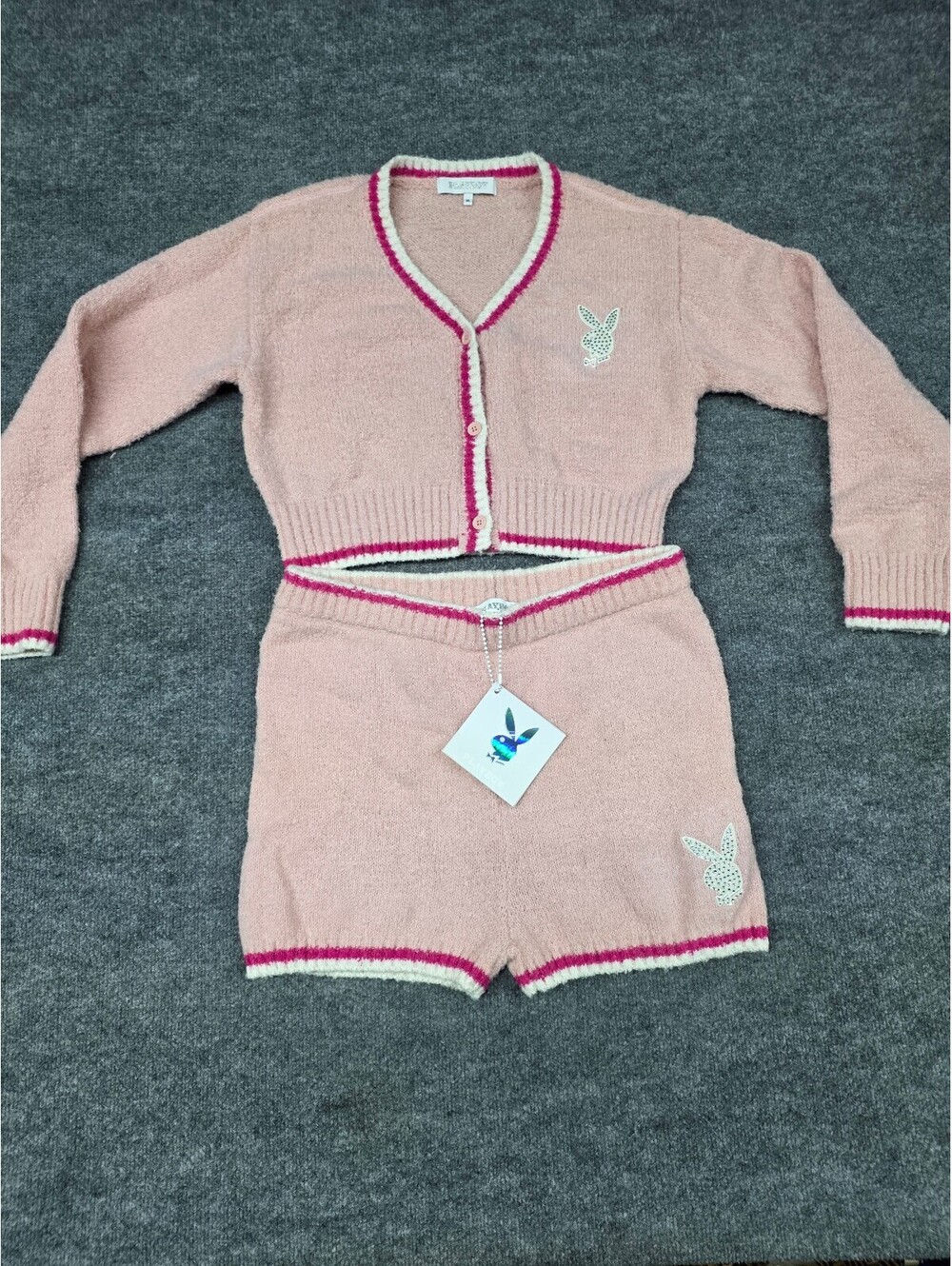 Fashion Nova Playboy Pink Knit Two-Piece Set - Cardigan and Shorts, Size XL